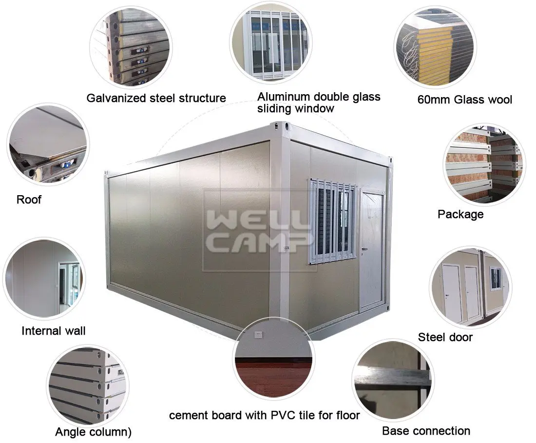 OEM flat pack 20 ft container prefab tiny galss flat pack containers